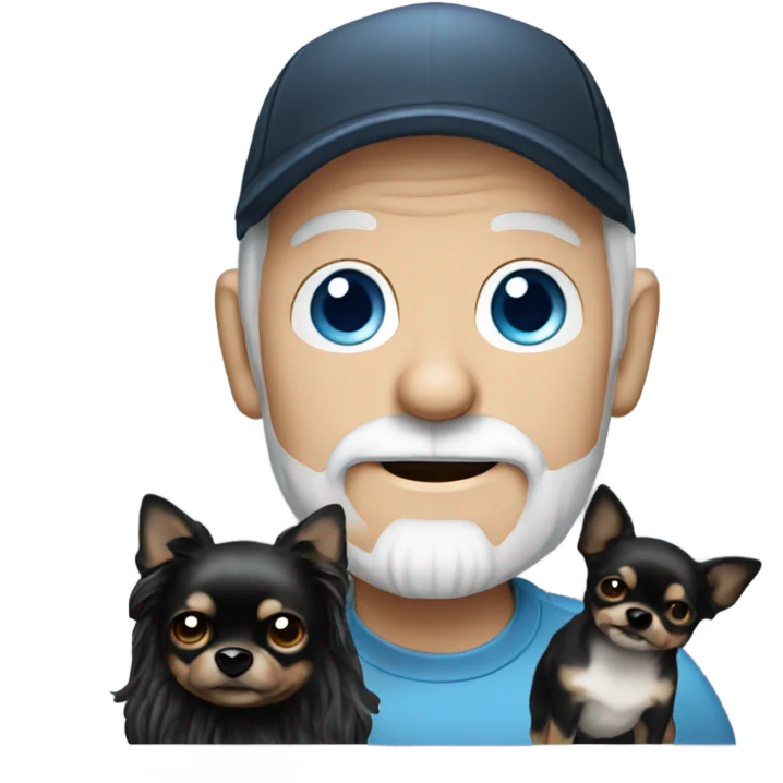 Old man with blue eyes goatee beard ball cap holding black Chihuahua long hair emoji