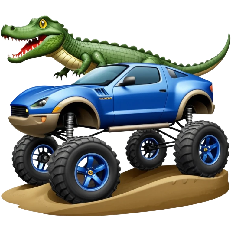 Dirty Joke’s Midnight-blue Local Motors Rally Fighter off road race car being driven by a five foot tall alligator, in the driver’s seat, over a dirt ramp  emoji