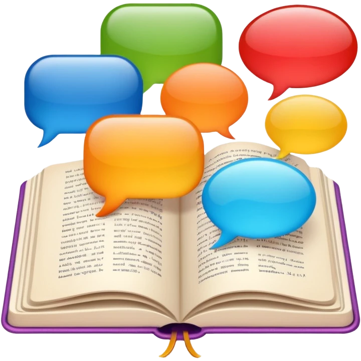 open book with several speech bubbles in different languages emoji