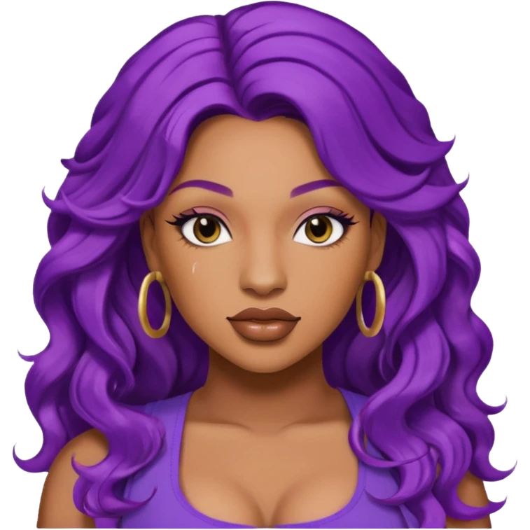 Megan thee stallion with purple wavy hair with a side part crimps emoji