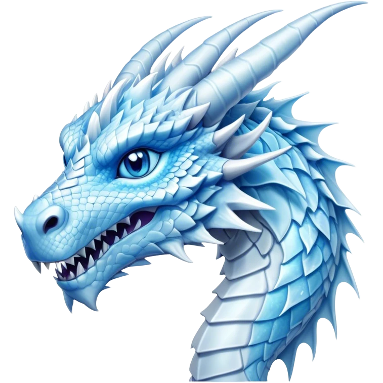 Cinematic Noble Beautiful Ice Dragon Portrait Emoji, Poised and majestic, with an ethereal, crystalline body adorned in intricately detailed scales of frosty blues and silvery whites reminiscent of glacial ice and delicate snowflakes, and piercing, cool eyes reflecting winter’s clarity; rendered with lifelike texture and subtle natural highlights, high shine, elegant and formidable, styled with an aura of chilling mythic beauty, focused and serene, soft glowing outline, capturing the essence of a legendary ice sovereign ready to glide gracefully out of the screen with timeless frosty allure! emoji