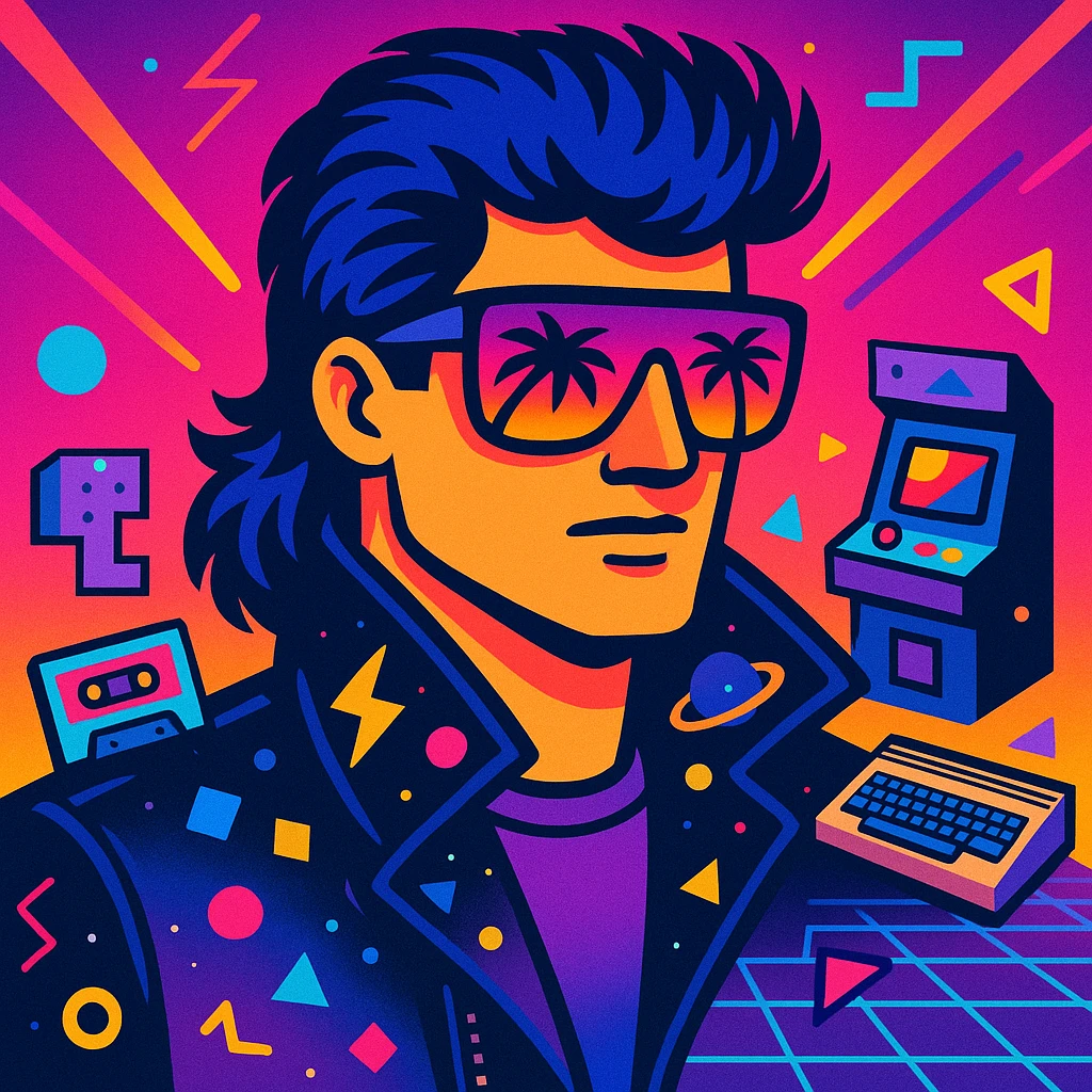 retro-futuristic 80s male portrait with classic mullet hairstyle with neon blue highlights, face half-hidden by bright airbrushed sunglasses with pink to purple gradient reflecting palms and sunset, leather jacket with raised collar airbrushed with lightning and cosmic motifs, Memphis Design geometry, energetic neon gradient background with perspective grid, laser beams, details like cassettes, arcade games, Commodore 64, electric blue, fuchsia, turquoise, ultraviolet colors emoji