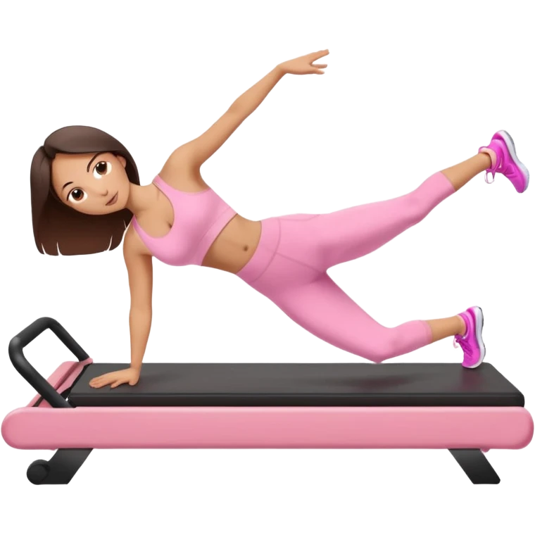 white brunette girl in light pink workout clothes doing a plank on a reformer emoji
