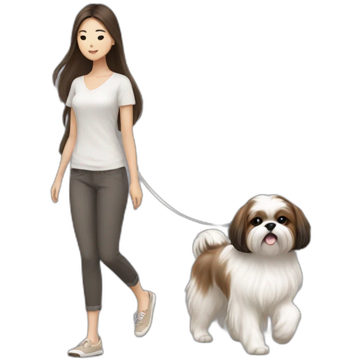 a asian girl with long brown hair walking with a white and brown shih tzu emoji