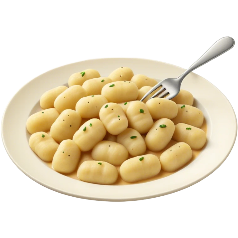 Gnocchi Cinematic Realistic Gnocchi Dish Emoji, depicted as tender oblong potato gnocchi garnished with iconic fork marks on top, rendered with soft textures and warm, inviting lighting. emoji