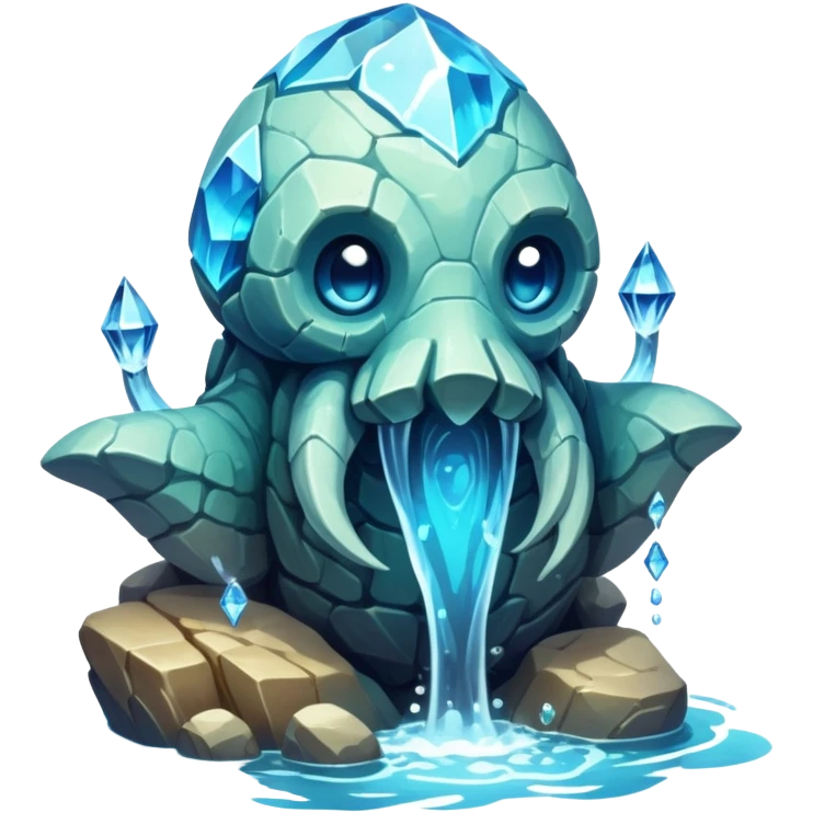 Design a unique elemental sandstone guardian golem creature that combines the crystalline rock golem's defensive fortitude with the spectral water serpent's fluid grace, perhaps creating a being with a segmented stone core that flows like water and channels ghostly aquatic energy through embedded gems. glowing like the abyss fish emoji