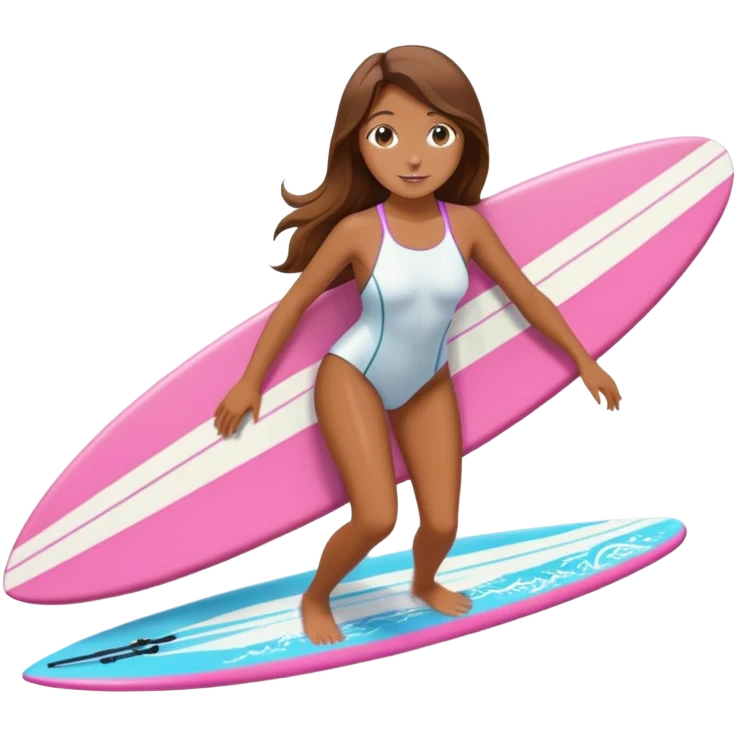 Girl with long brown hair surfing at pink short board in the white swimsuit  emoji