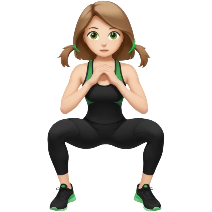 Beautiful woman with light brown shoulder length hair popping a squat without any weights. Make her with a little lighter, brown hair and green eyes. Make her fair skinned and wearing a black workout suit. emoji
