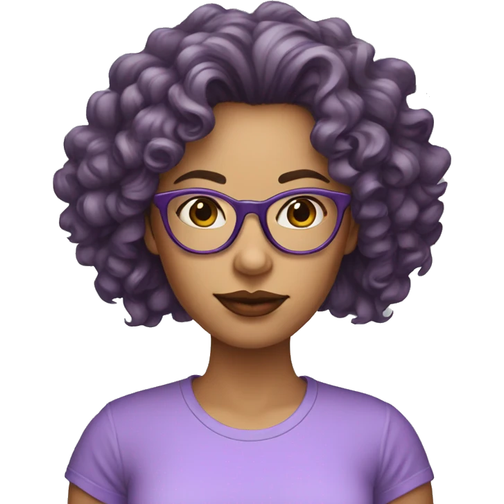 long curly hair woman with fair skin, big lips and lilac t shirt and glasses emoji