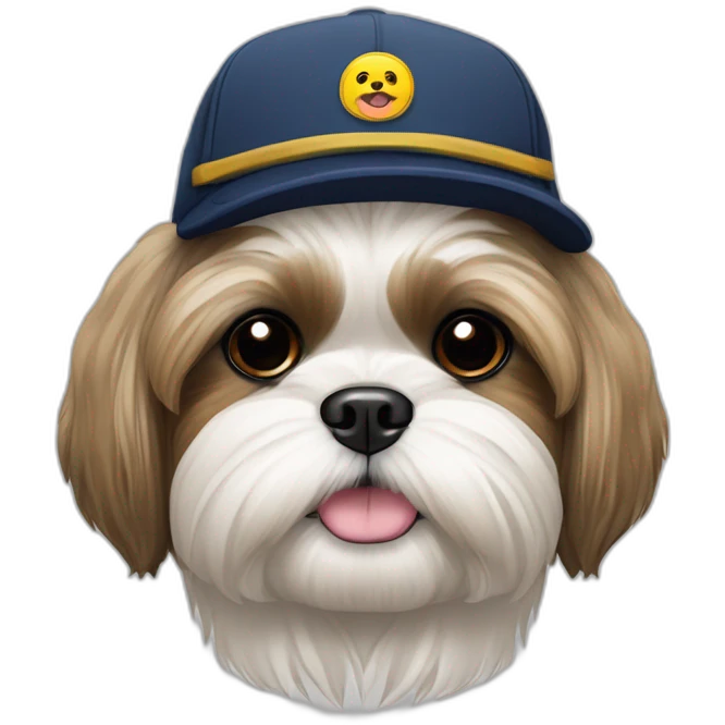 perro shih tzu con gorra con logo de huellitas emoji