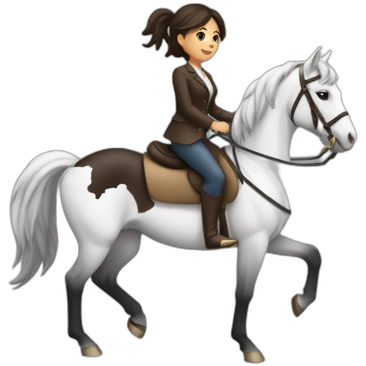Fille brune sur un cheval noir et blanc emoji