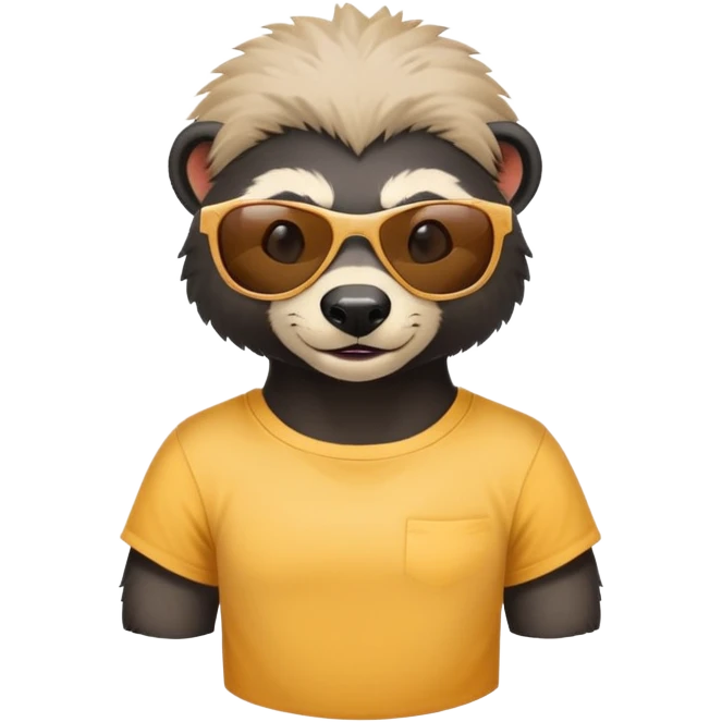friendly anthropomorphised honey badger head and neck wearing sunglasses, top of t-shirt visible, different expression emoji