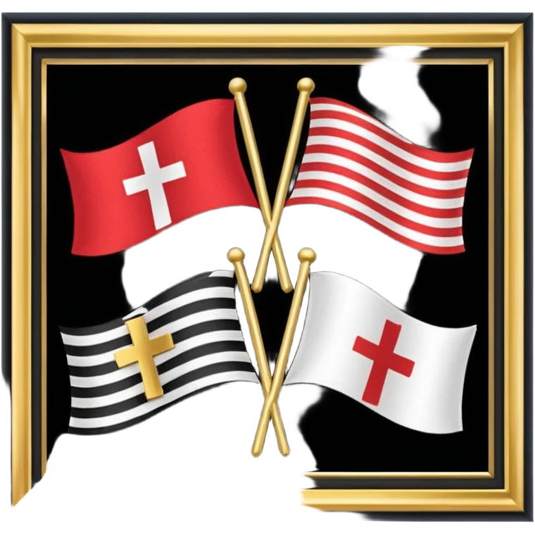 Flags: There are four flags, two on the top and two on the bottom, in the black and gold (yellow) quarters. Each flag features a gold cross symbol, likely a Coptic cross, on a black and yellow background with horizontal stripes. emoji