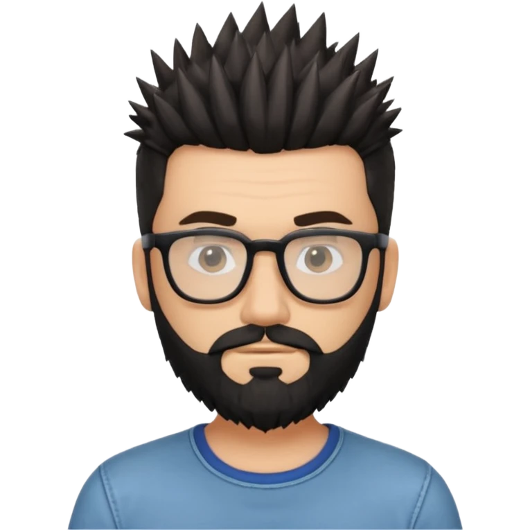 یه پسر سفید پوست با ریش مشکی و مدل موی جذاب که موهاش رو به بالاهست و عینک زده مدل موهاش اسپایکی باشه و لباسش هم رسمی نباشه emoji