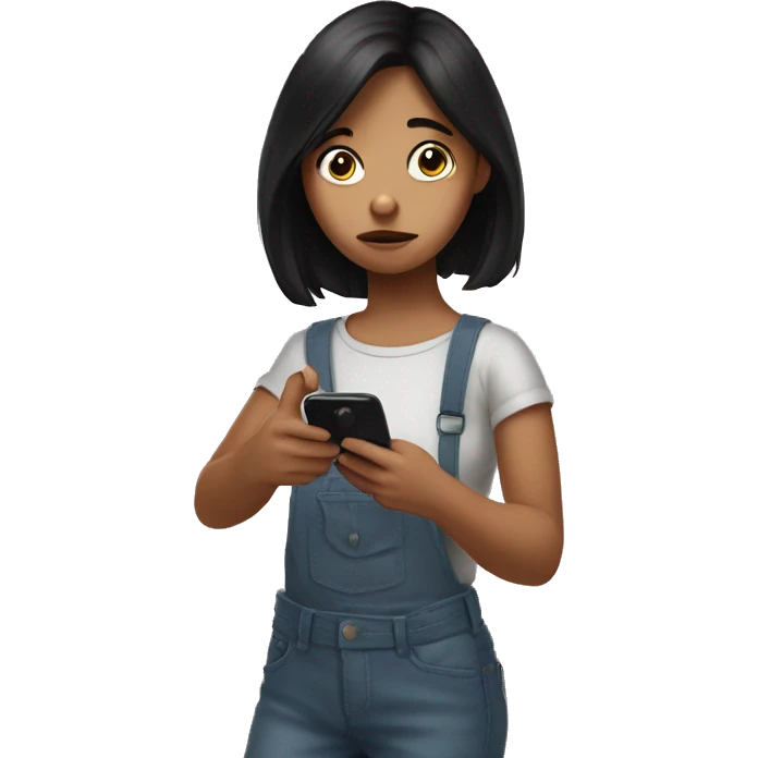 A girl with a sad face and dark hair holds a phone in her hand and presses it with her finger  emoji