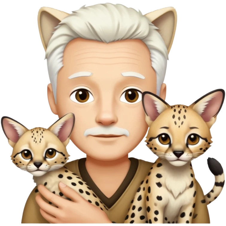 Man with white hair holding African serval  emoji