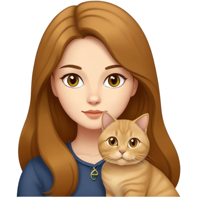 A brown long hair beautiful woman with a golden British shorthair cat emoji