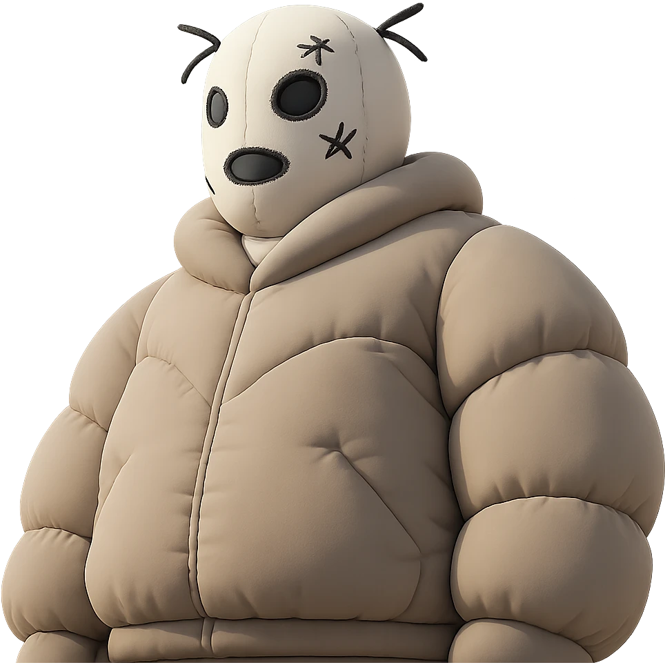 This image shows a person wearing a unique and artistic outfit. The perspective is shot from a low angle, making the figure appear imposing and dramatic. Here are the key elements:
	•	Headgear: The person is wearing a white knitted balaclava-style mask with black, irregular stitched designs and protruding black threads, giving it a surreal or avant-garde look.
	•	Clothing: The outfit appears to be a dark, possibly custom or streetwear-style jacket with visible seam or pattern details.
	•	Setting: The background is minimalistic, featuring clean white walls and sharp architectural lines, contributing to a modern and abstract aesthetic.
	•	Vibe: The overall feel is edgy, mysterious, and highly stylized—reminiscent of conceptual fashion photography or art-driven editorial shoots. emoji