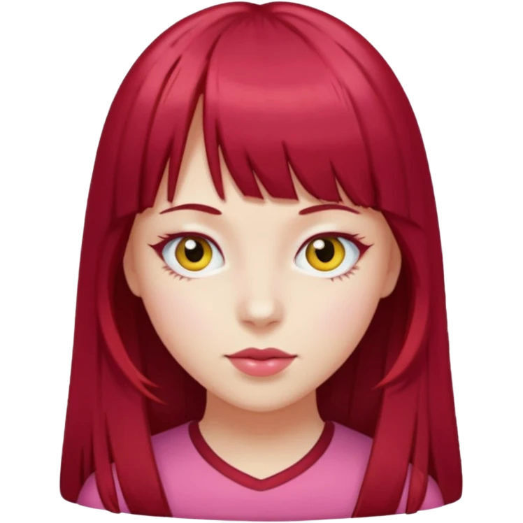 Menina com cabelos longos vermelho Cherry, liso com franja,olho direito ROSA e olho esquerdo amarelo,pele clara  emoji
