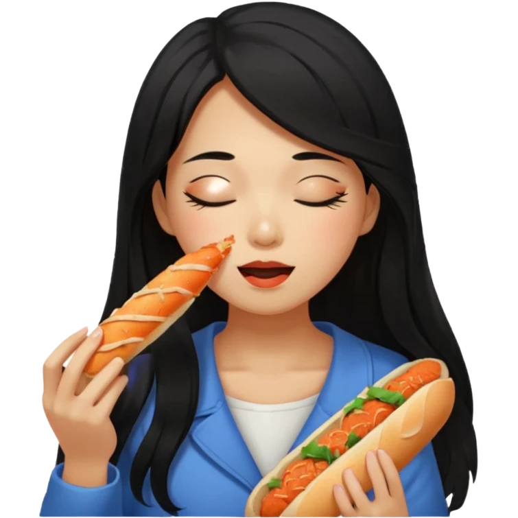 Girl black long hair eat kimchi close eyes baguette emoji