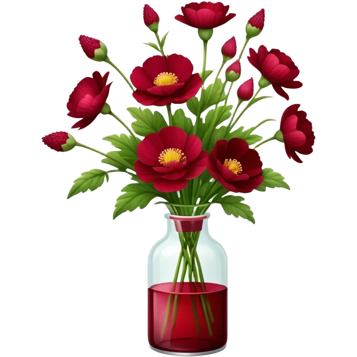 aesthetic bow in Cream red , Deep Red color glass bottle and in it a beautiful bouquet of Amaranth Chinese buttercup  emoji