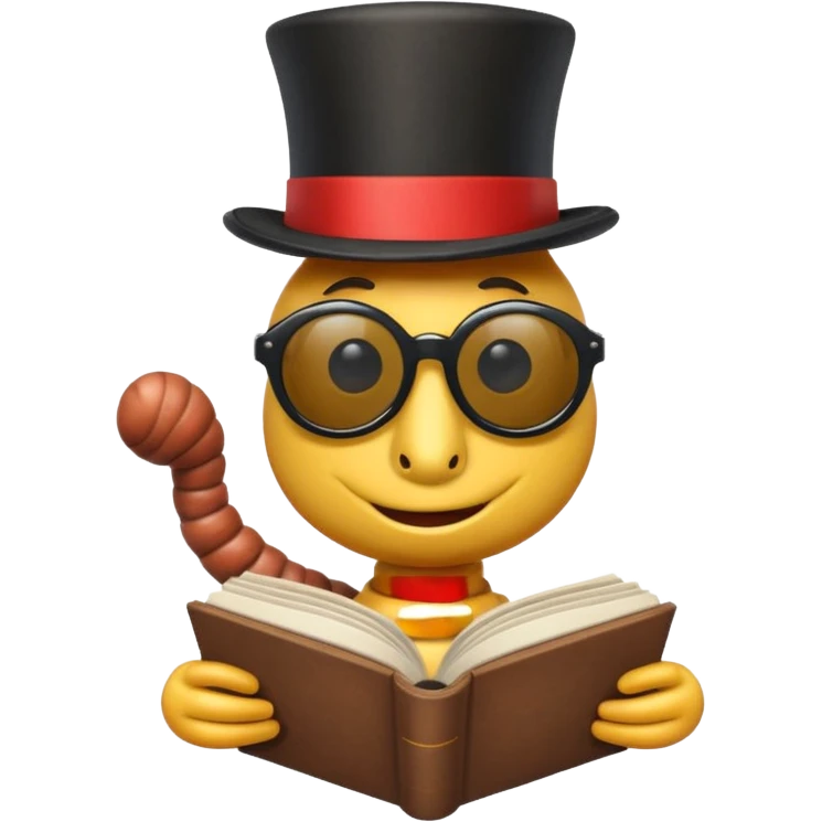 Worm where it looks like he is reading a book and he is wearing sunglasses and a top hat  emoji