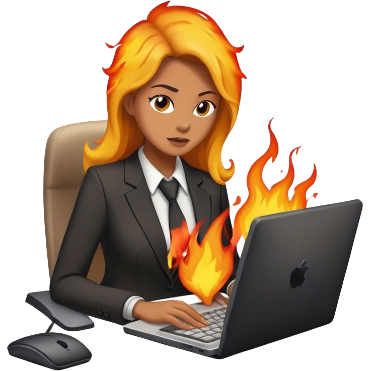 Woman at work on computer on fire emoji