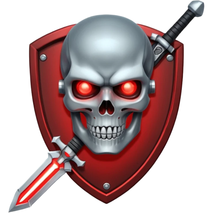 Sci-fi shield badge, terminator style skull, glowing red eyes, crossed futuristic light sable and energy sword, no background emoji