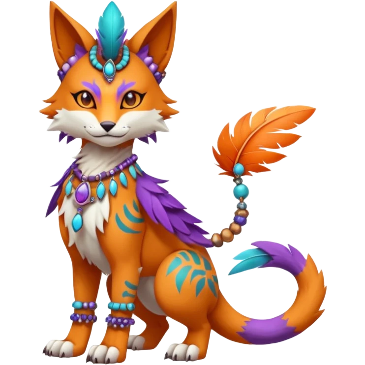 Kawaii cute orange purple turquoise exotic tribal beautiful pretty elegant divine edgy feline-vernid-sergal-Fakémon-Pokémon-Digimon-fursona-animal-creature with bracelet, necklace, full body, with intricate detailed markings, feather headdress  emoji