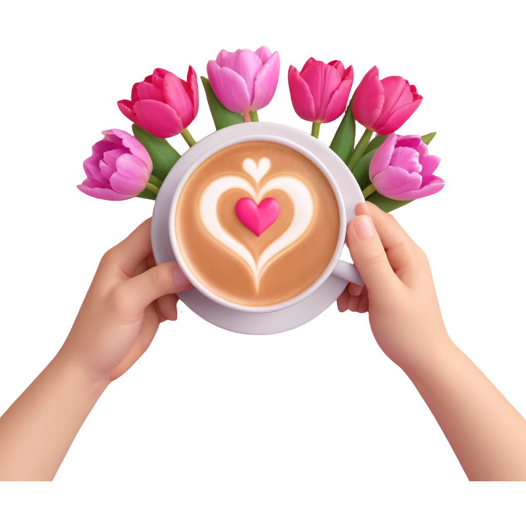 coffee cup with heart latte art, held by hands, pink tulip flowers arranged behind, soft pink watercolor background emoji