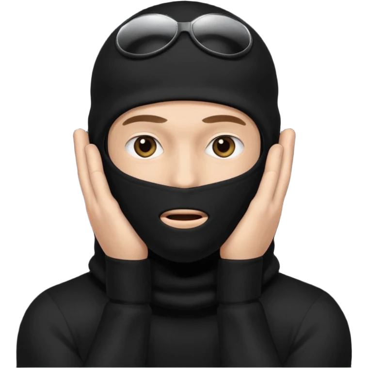 man in black balaclava with no eyes and mouth covers his ears emoji