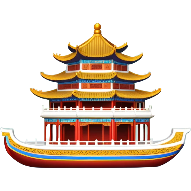 Summer Palace Beijing with marble boat, simplified emoji style with bold outlines and bright colors, cartoon style traditional Chinese palace on lake emoji