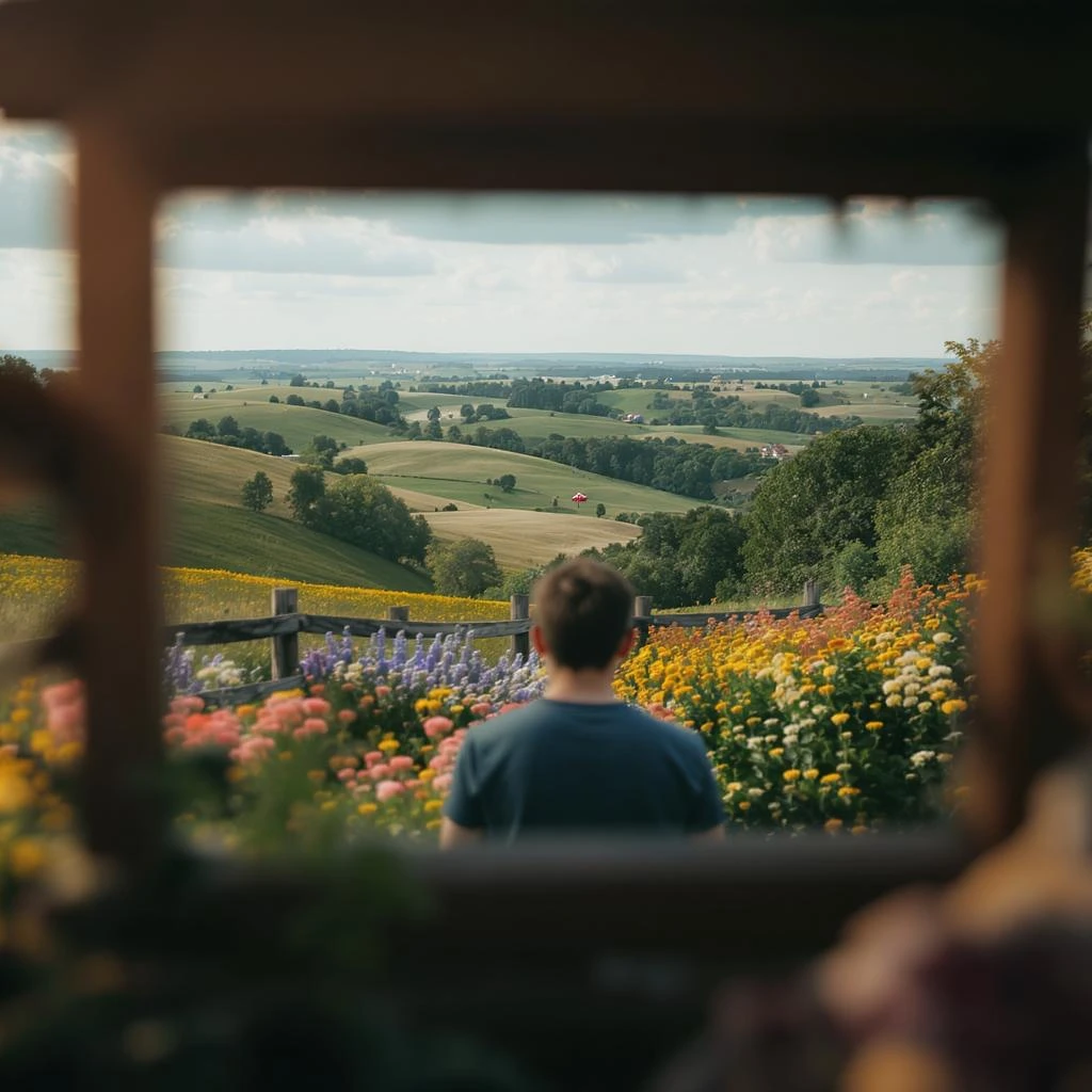 "Two shot" of a person in the foreground, blurred plants in the foreground (frame within a frame), a wooden fence and colorfull flowers in the midground, Poland, rolling hills in the background, cinematic depth of field, layered composition, natural lighting emoji