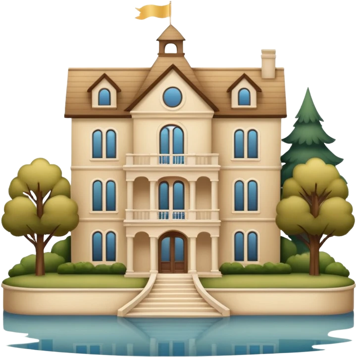 3 story beige mansion with lake, no towers or steps emoji