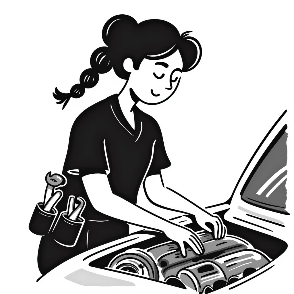 A 40-year-old Latina woman with light brown skin, two braids pulled back, dressed in all black mechanic scrubs, working as an auto mechanic emoji