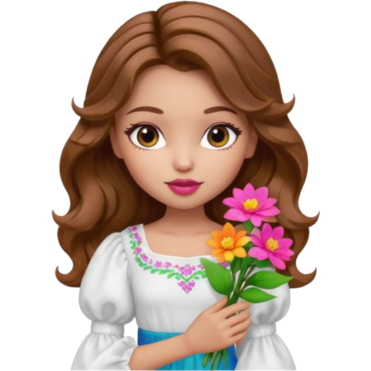 generate a pretty bratz girl with in a white puff sleeve top.  light lipgloss on . Brown wavy hair long. carrying flowers  emoji