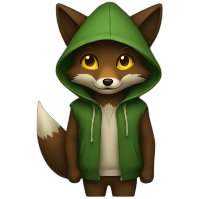 small dark brown fox with yellow eyes and a dark green hood that smile emoji