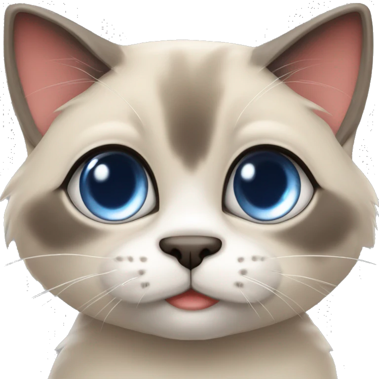 Long, chubby, cute, flat beige fur, blue round eyes, round pupils, Siamese and ragdoll mix cat, a grey face pattern, fur in his ears, wearing a red ribbon, a long slim tail, darker paws emoji