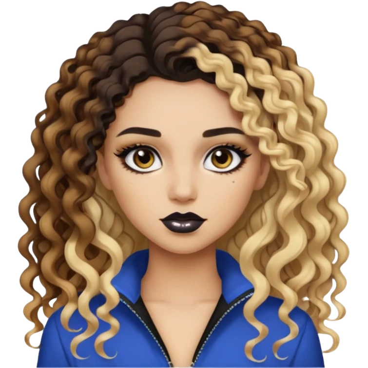 brunette split dye leftside blonde rightside brown, baddie, pretty makeup, black eyeliner, long and curly hair emoji