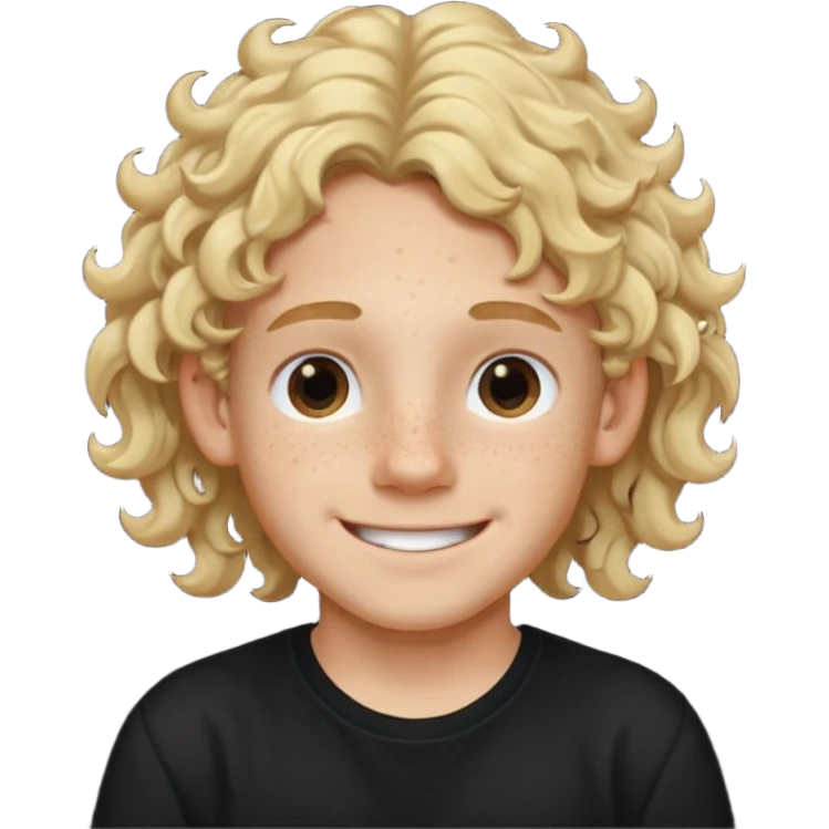blonde boy with long curly hair past his ears, smiling, wearing a black shirt with freckles emoji