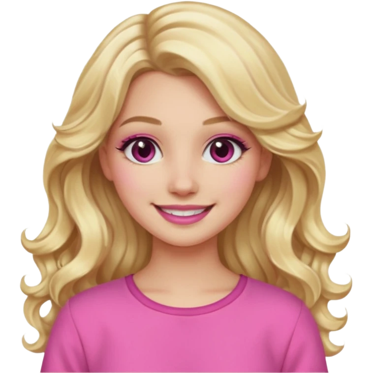 blonde girl, long wavy hair, pink clothes, trendy heavy makeup, smiling emoji