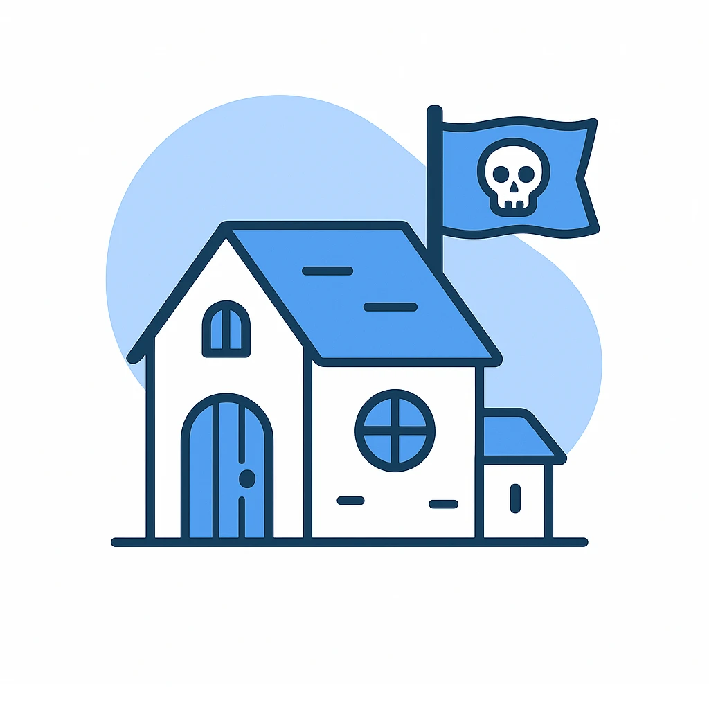 old pirate's house with skull flag emoji