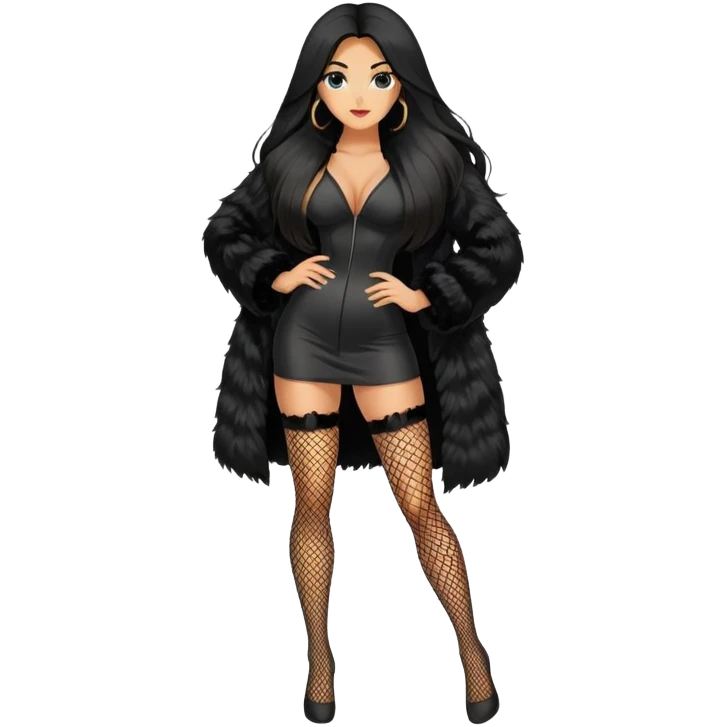 black fur coat and fishnets legs, black long hair tanned woman  emoji
