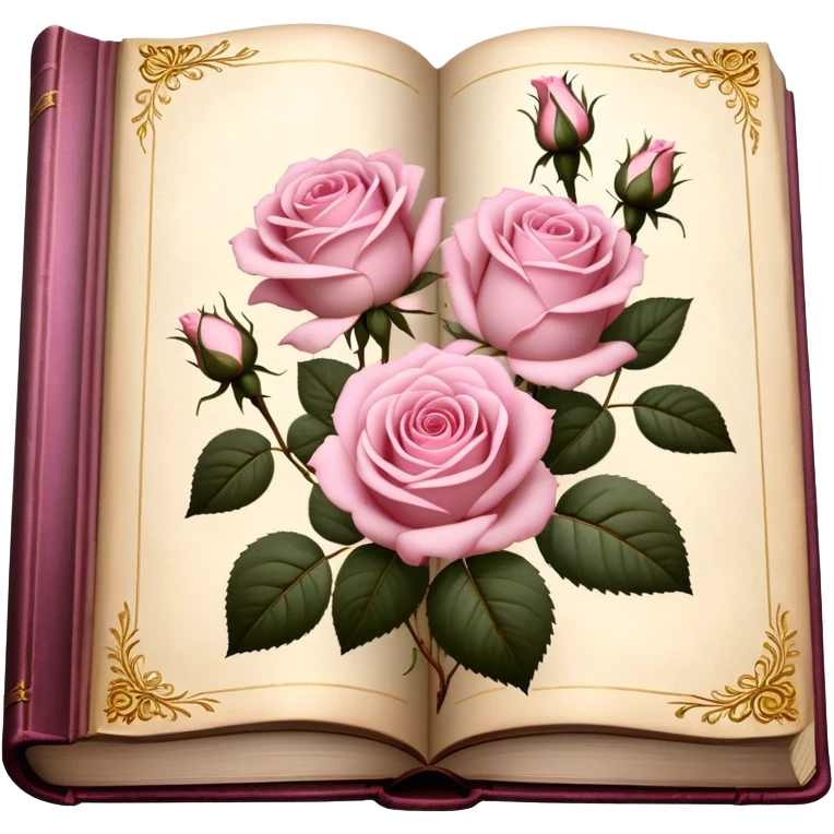 Antique book with pressed light pink roses, golden details on the cover, soft vintage lighting. emoji