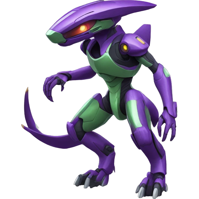 a purple-green Genesect-Raptor-Fakémon—hybrid with a futuristic visor-helmet full body emoji