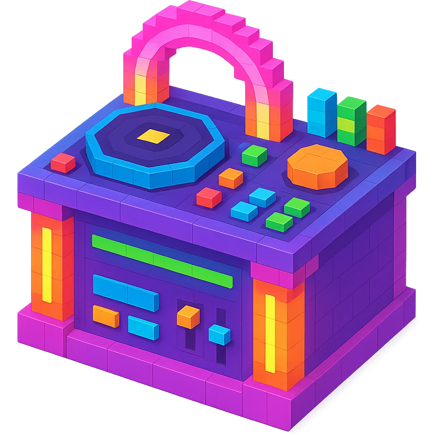 DJ booth with vibrant neon lights, glowing buttons, and a futuristic design emoji