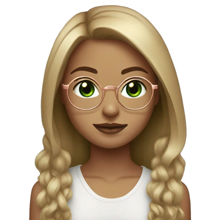 A girl with green eyes, dark blonde Long Hair, round Rosegold glasses  emoji