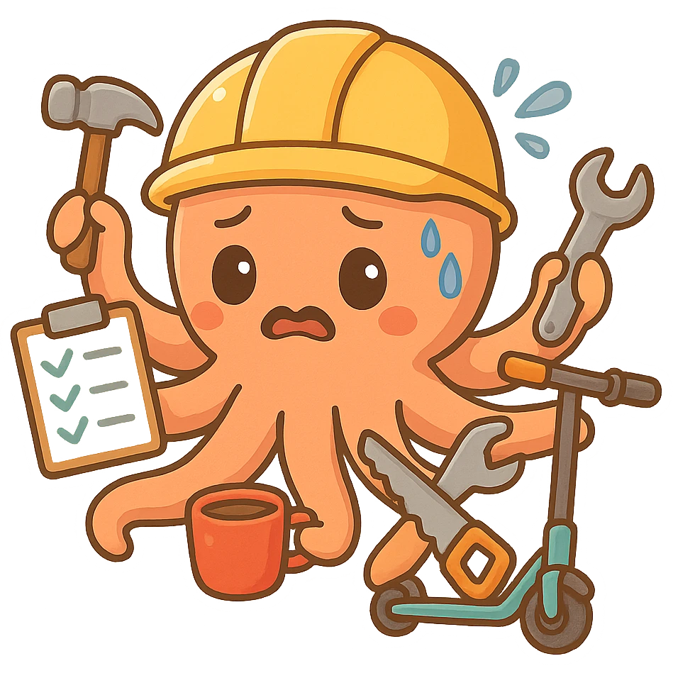 A stressed, tired worker in a helmet illustrated as an octopus. Each tentacle is busy holding a hammer, checklist, wrench, saw, coffee cup, and electric scooter. The worker looks like he can't keep up with all the tasks. emoji