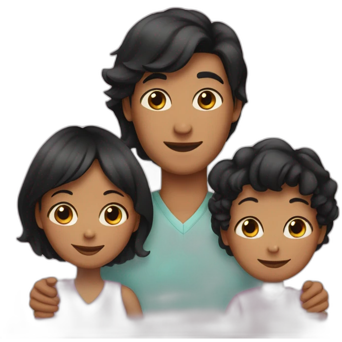 Family of three, woman with black hair, men with black hair, baby girl, 2 cats emoji