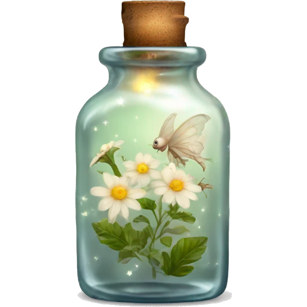 White magic fairy light sparkling old Antique bottle with poison and with herbal and flowers emoji